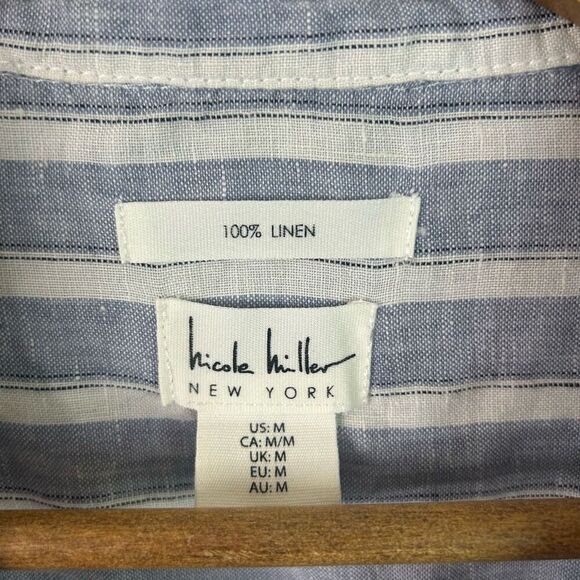 Nicole Miller 100% Linen Button Down Shirt M Blue White Stripe Roll Tab Sleeves - Picture 7 of 11